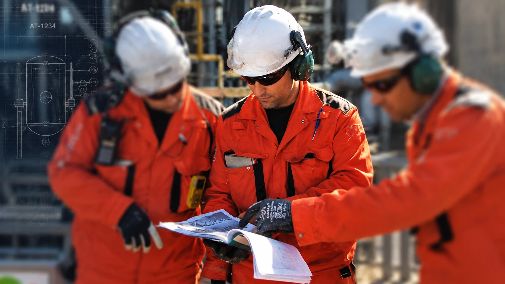 Industrial insulation specialists reviewing technical documentation on site