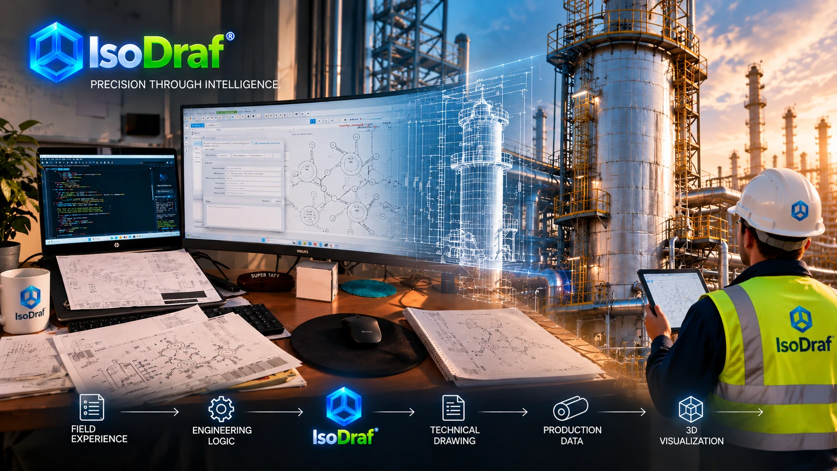 IsoDraf development workspace transitioning from technical documentation to an industrial insulation plant